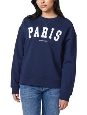 Scotch & Soda French Terry Paris Crewneck Sweatshirt Navy Blue Size Small Cotton